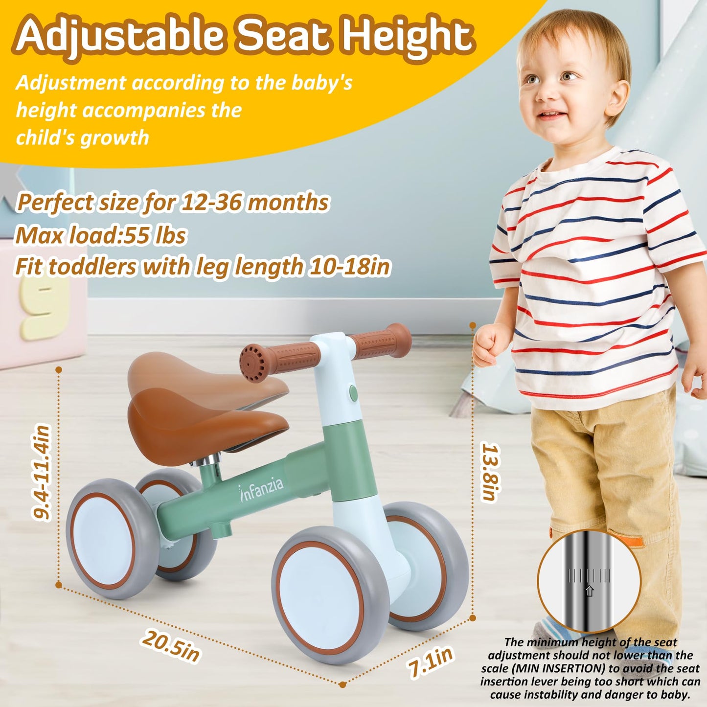 INFANZIA Baby Balance Bike for 12-36 Month Boys Girls, 1 Year Old Toddler First Bike No Pedal with Adjustable Seat, Infant 4 Wheels Bicycle Ride On Toys Kids First Birthday Gifts (Green)