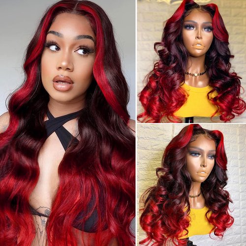 YMS Ombre Red HD Lace Front Wigs Human Hair 180% Density Highlight Human Hair Wigs for Women Skunk Stripe Glueless Wig Pre Plucked 14 Inch Black and Red Colored 13x4 Lace Frontal Wig