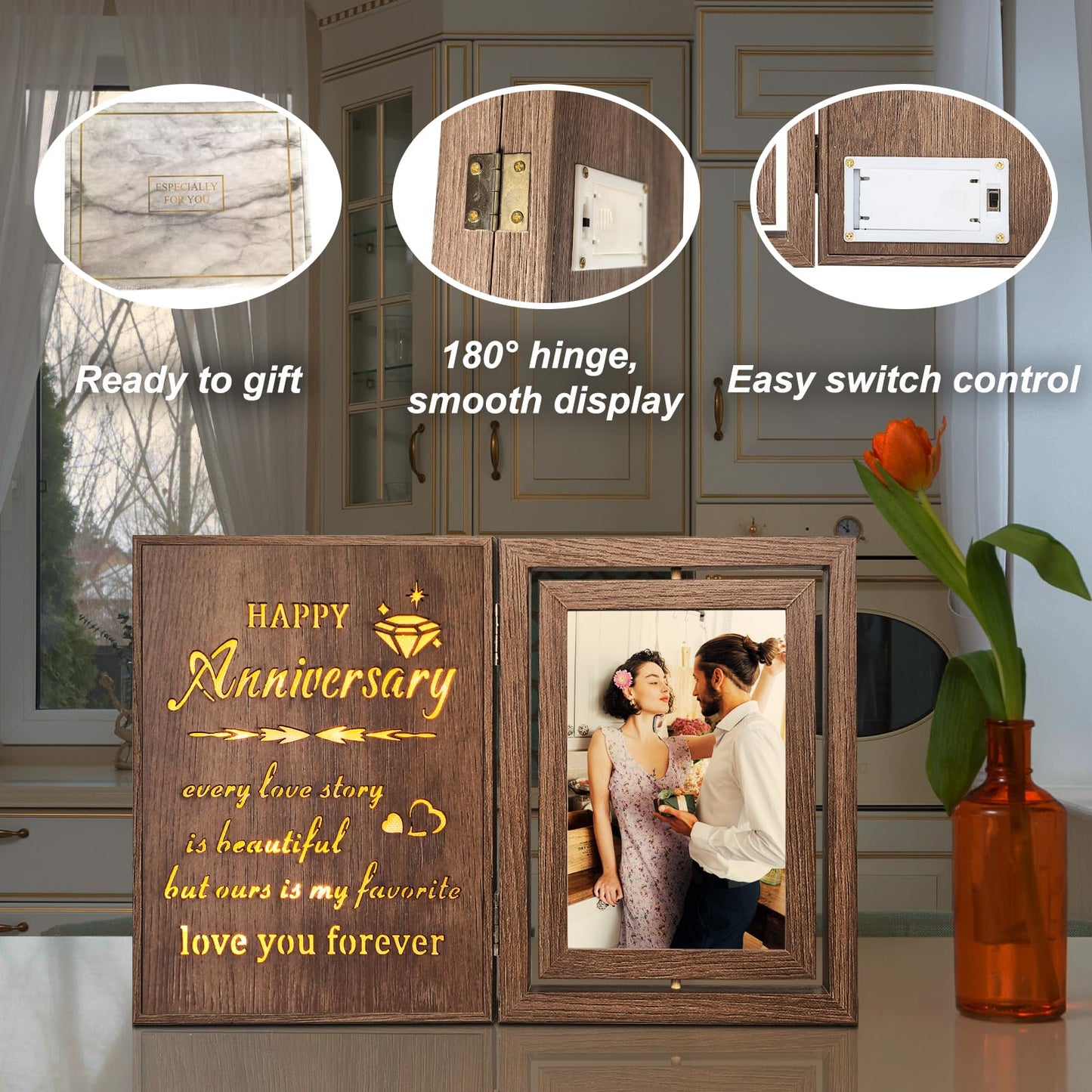 EYITUPC Light Up Anniversary Picture Frame Gifts for Women Men, Vintage Brown Rotating Wooden Glowing Photo Frame, Wedding Anniversary Frame Gifts for Her Him Wife Husband Couple - Holds 2 4x6 Photos