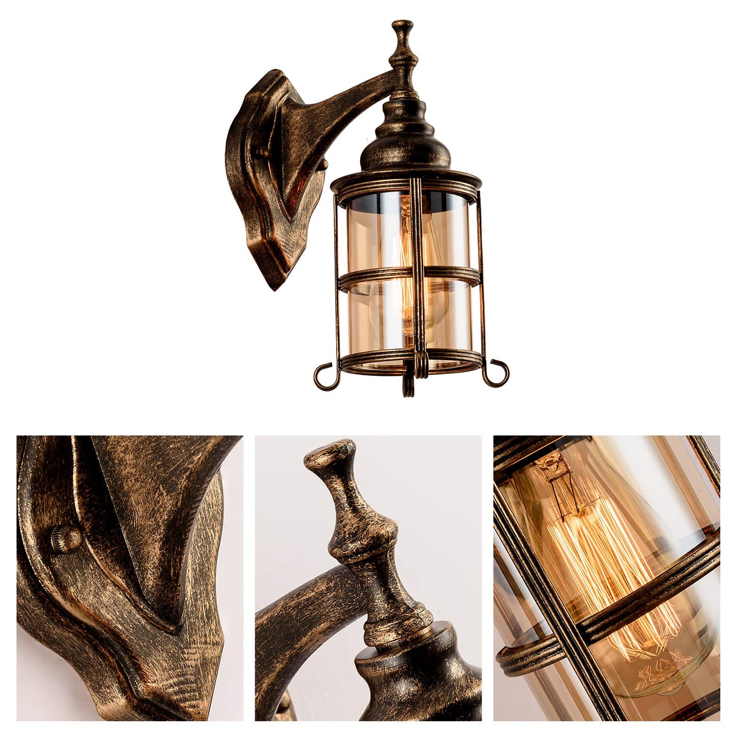 Rustic Amber Glass Wall Sconce 2-Pack, Bronze Brushed, Industrial Farmhouse Lamp Porch Lighting Waterproof Retro Lamp for Indoor Bedroom Living Room Outdoor（NO Bulb）