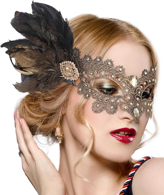 Zinniday Halloween Feather Masquerade Masks - 1920s 50s Antique Lace Venetian Mask for Women Renaissance Cosplay Party