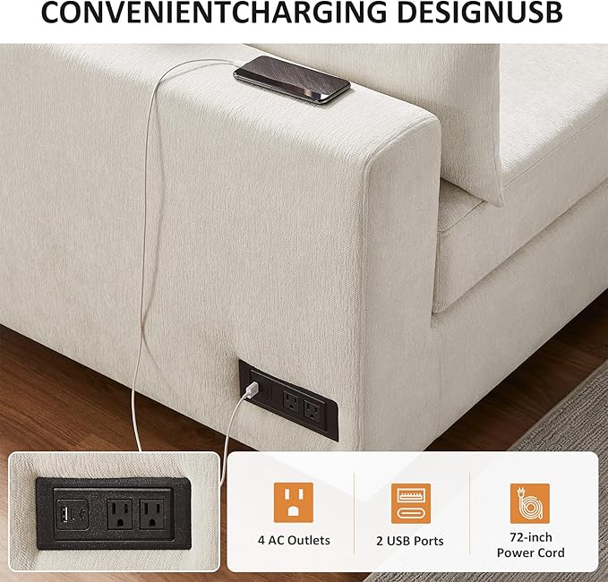 VANOMi Large Modular Sectional Sofa, Oversized Couch with Charging Station, Cloud Couch Deep Seat Sofa with Thick Cushion, Convertible Sectional Couches for Living Room Office Apartment