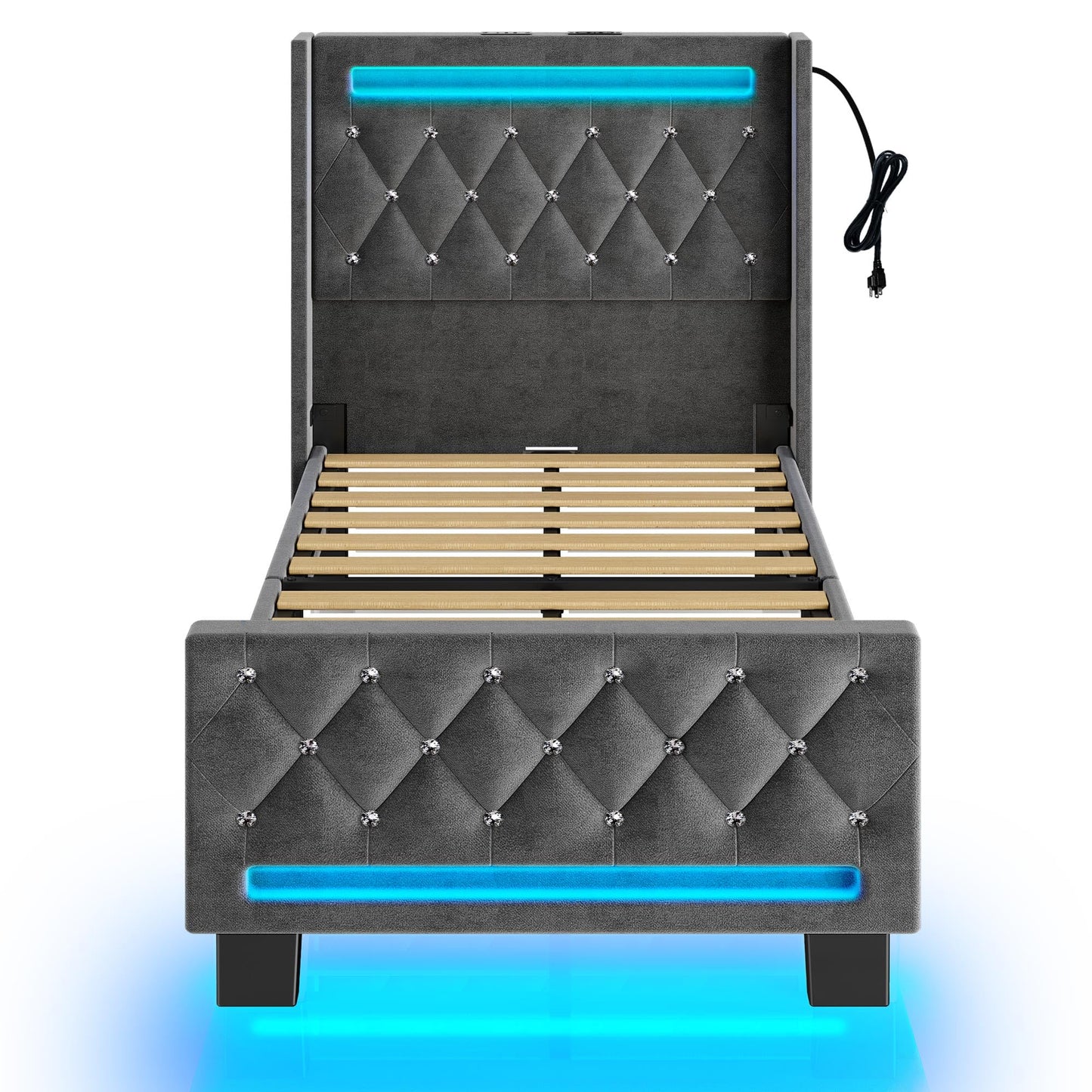 Rolanstar Twin Bed Frame with LED Light and Charging Station, Upholstered High Headboard and Footboard, Wood Slats, Noise Free, Easy Assembly, Grey