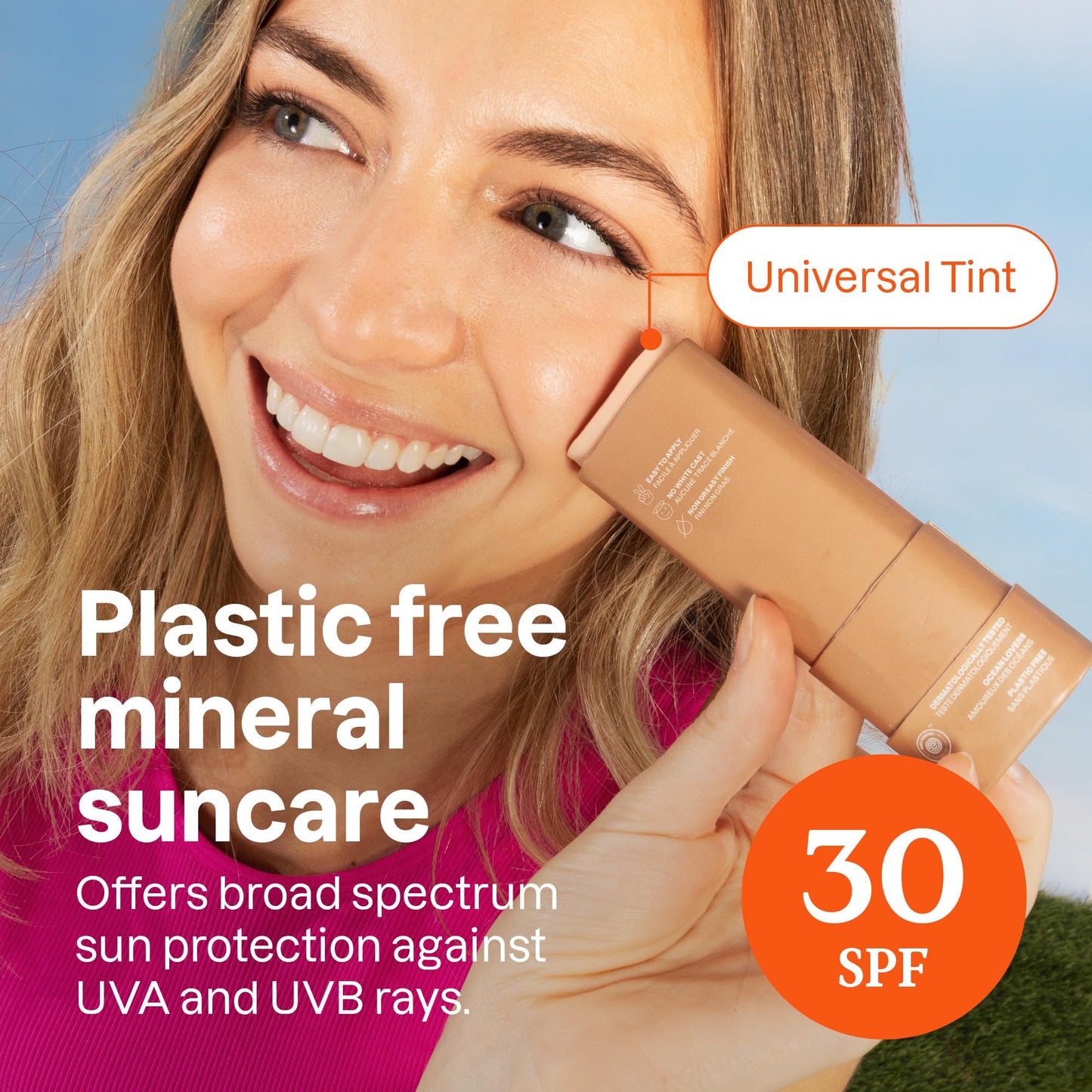 ATTITUDE Tinted Mineral Sunscreen Face Stick with Zinc Oxide, SPF 30, EWG Verified, Plastic-Free, Broad Spectrum UVA/UVB Protect