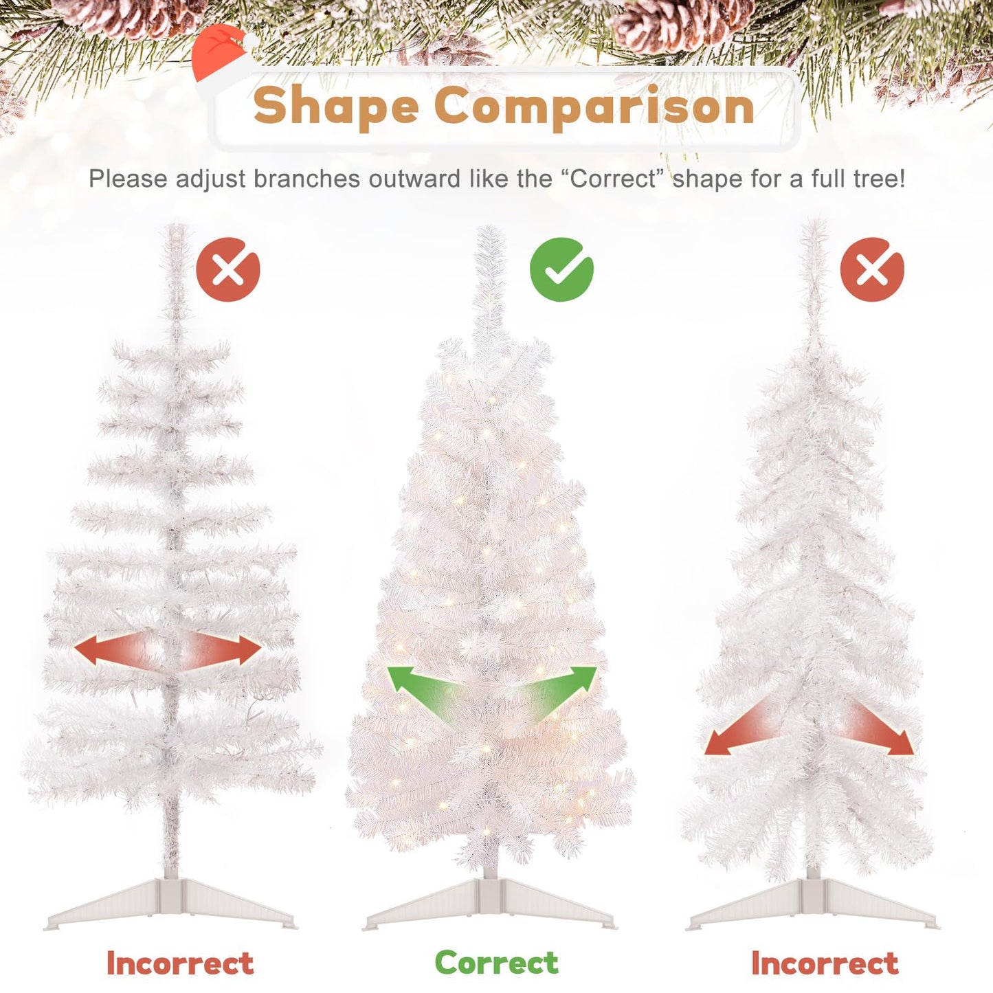Decoway Pre-Lit Artificial Christmas Tree, 4ft Slim White Tinsel Christmas Tree with Warm White LEDs, Battery Operated - Includes Stand, Fire Retardant PVC for Small Spaces, Home Indoor Decoration