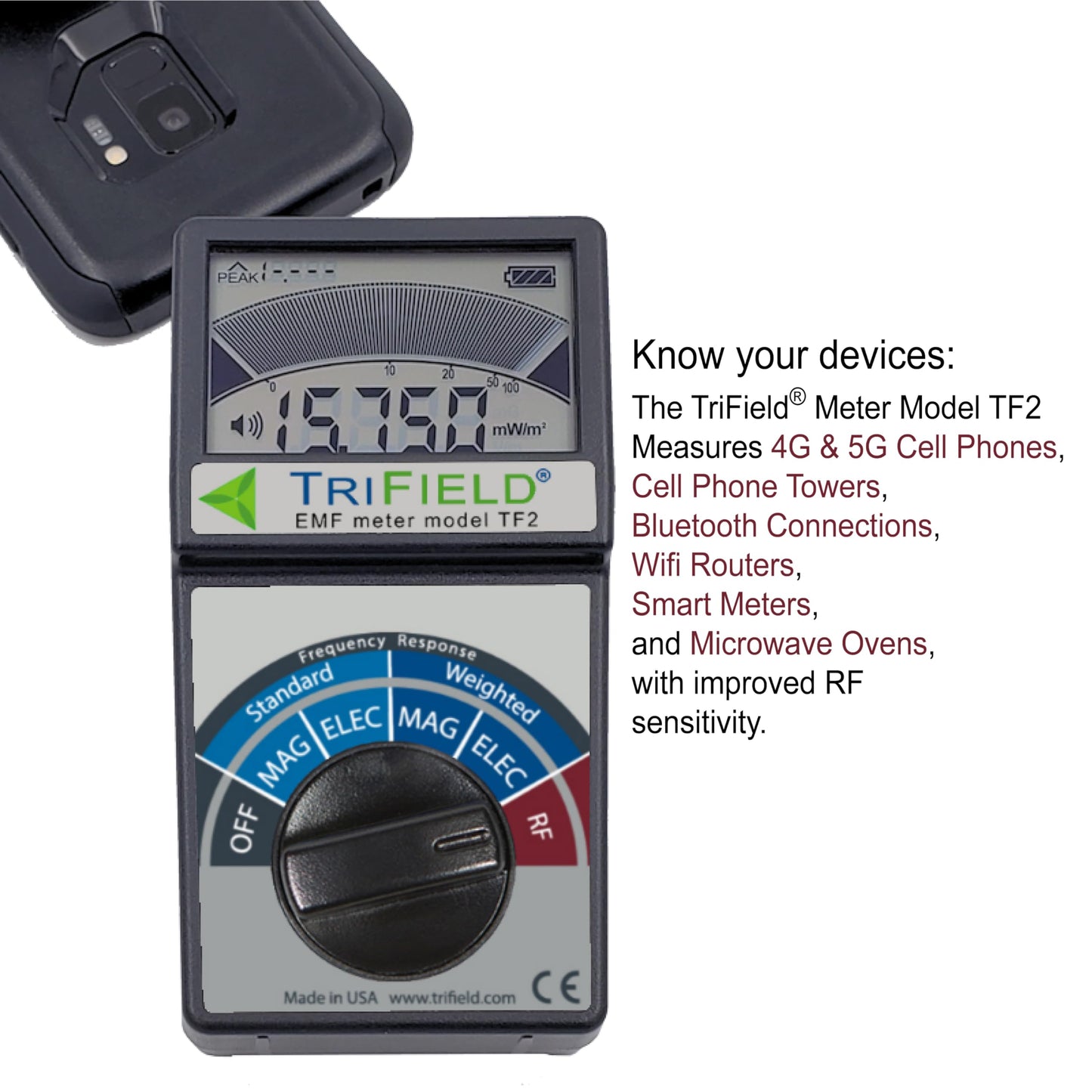 TriField EMF Meter Model TF2 – Made in USA - #1 Handheld EMF Detector for Magnetic/Electric/Radio Fields with Unlimited Free Support in The U.S. to Help Solve Your EMF Problems