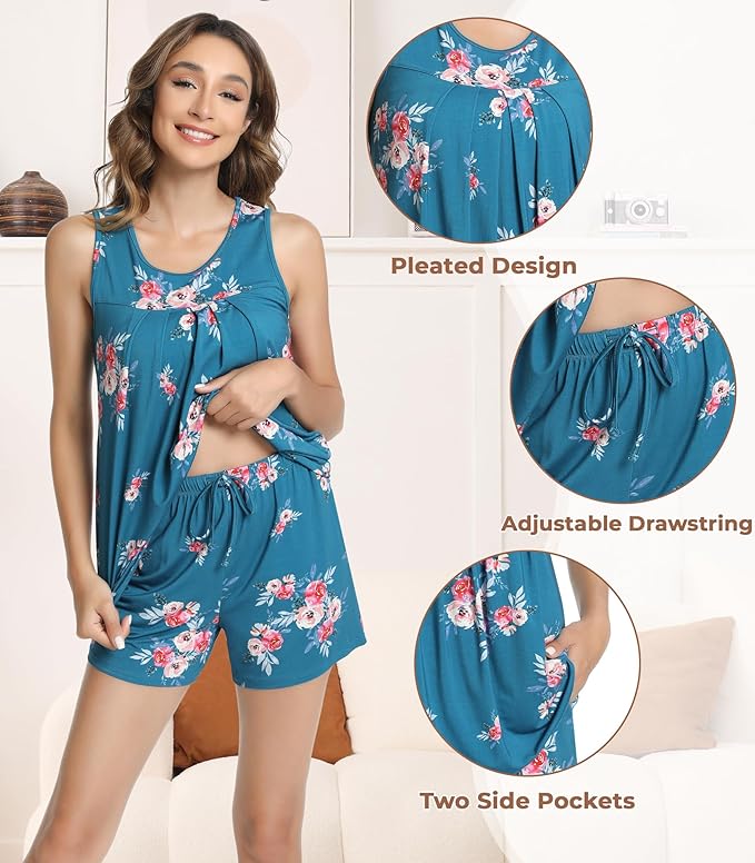 NACHILA Pajamas for Women-Viscose from Bamboo, Ribbed Racerback Tank Top Sexy Split Shorts Pajama Sets Cooling Sleep Cami Pjs