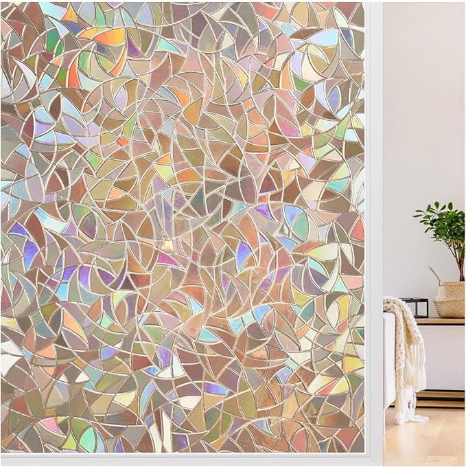 LUTE Window Privacy Film, Rainbow Window Flim, 3D Decorative Stained Glass Cling, Non-Adhesive Vinyl Static Cling Removable Glass Sticker, Sun UV Blocking Covering for Home, Brown, 23.6 x 78.7 inches