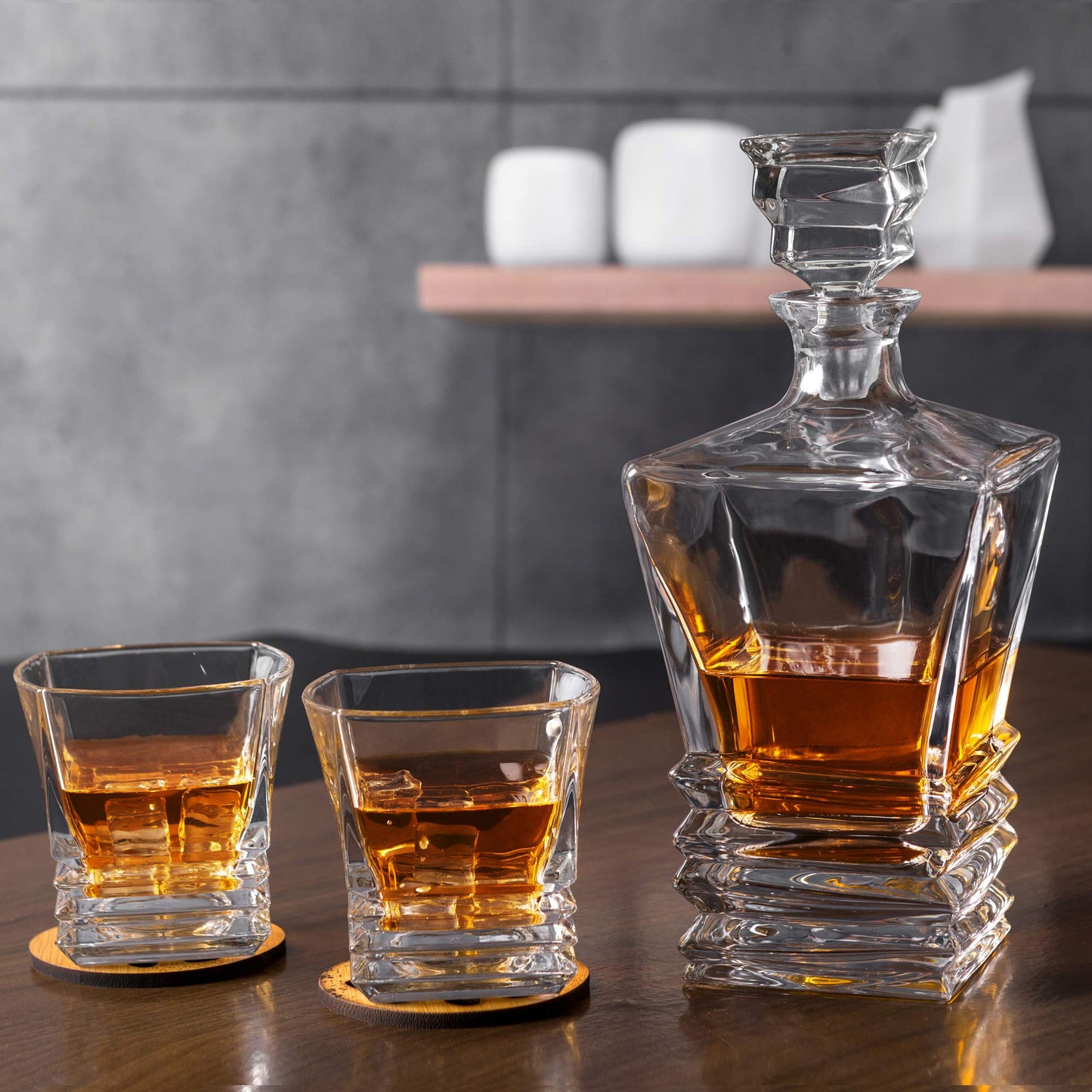 KANARS Whiskey Decanter Set - Crafted Crystal Decanter With 4 Lowball Glasses for Scotch, Bourbon or Liquor - Men Dad Gift for Birthday, Retirement, Christmas Thanksgiving, Wedding and Housewarming