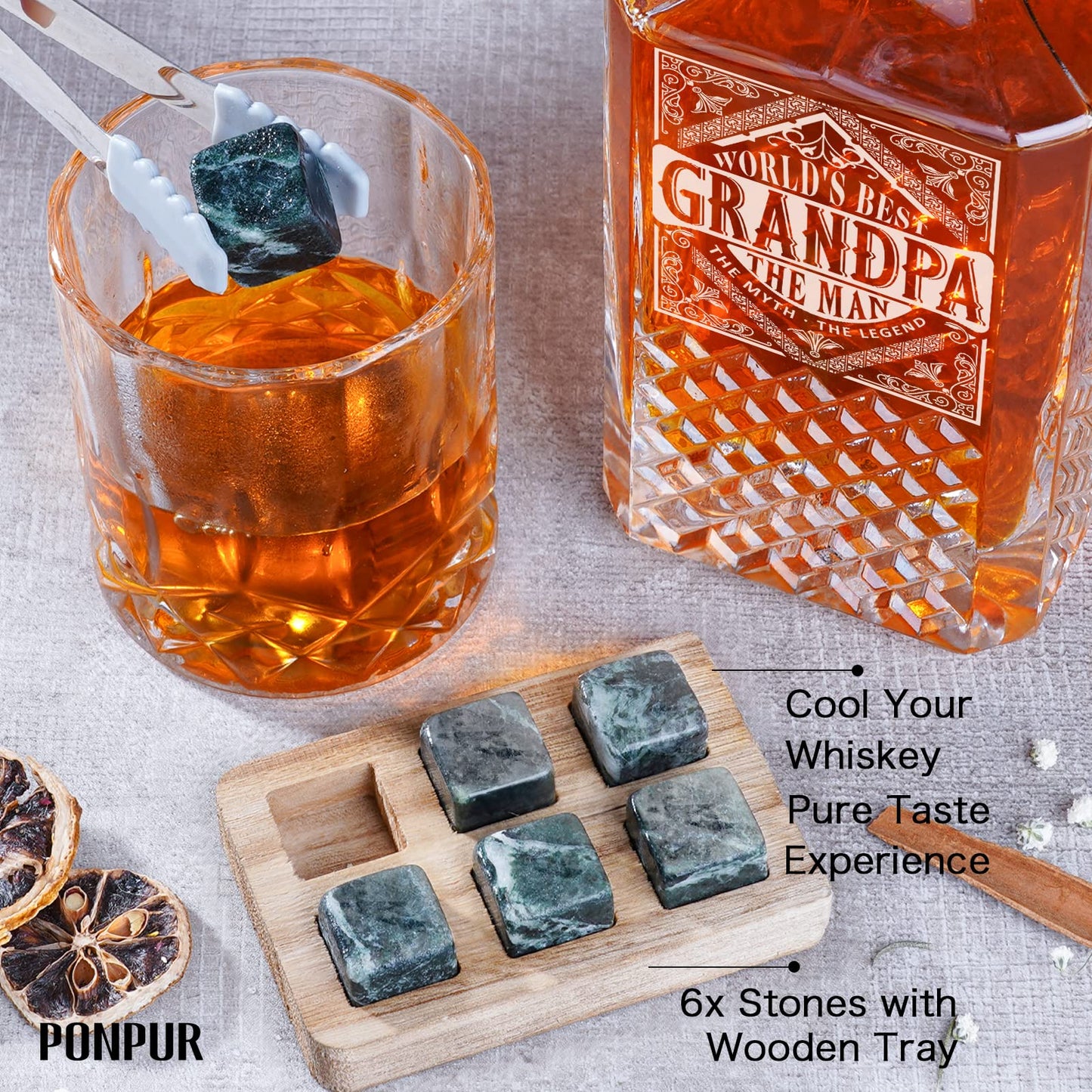 PONPUR Gifts for Grandpa Papa, Whiskey Decanter Set for Grandfather, Unique Grandpa Birthday Gift from Granddaughter Grandson, Best Christmas Retirement Presents for Whisky Scotch Bourbon Lovers