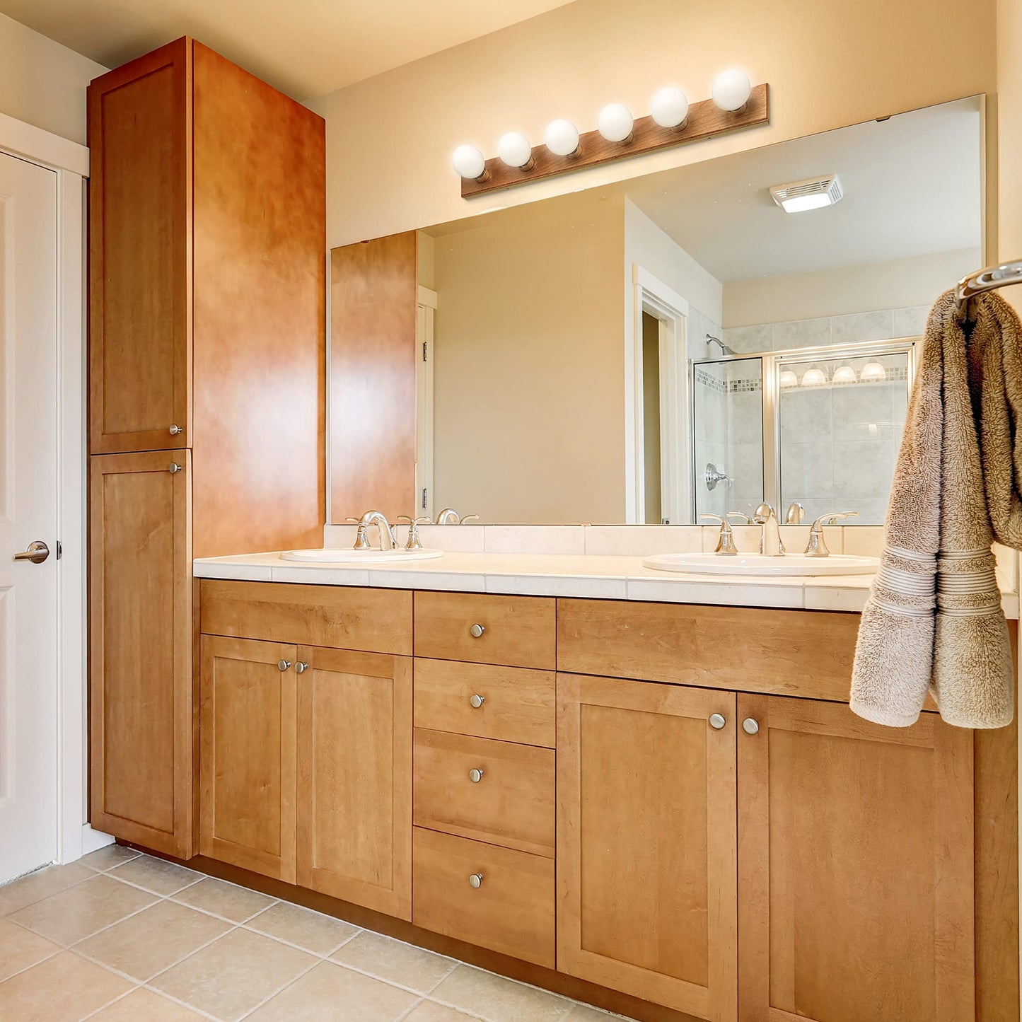 Design House Vanity Lights, 6 Linear Lights, Dimmable, Horizontal or Vertical Use, Uses (6) 60W Bulbs, For Bathroom/Makeup Vanity, Honey Oak, 36.0 in. L x 4.5 in. H x 2.5 in. D, 500223