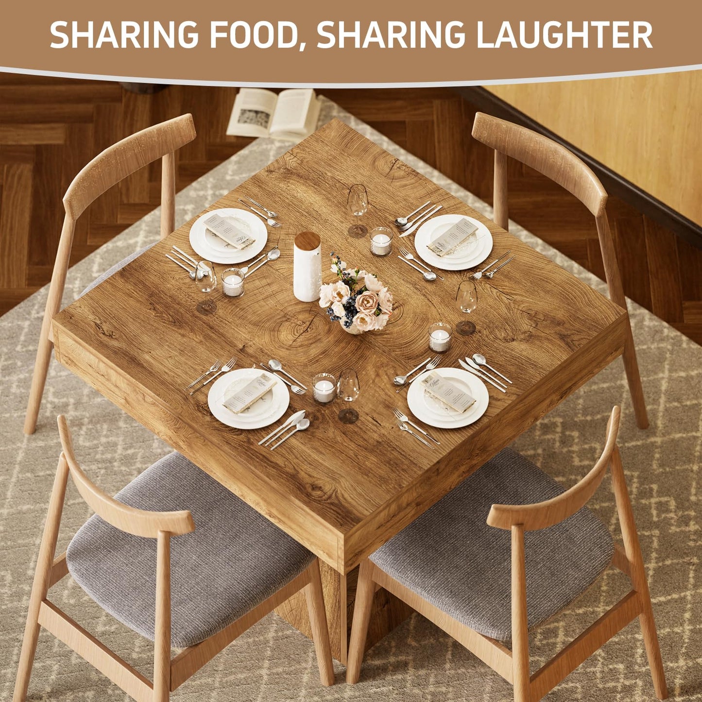 MILEFA Square Dining Table, 31.5-inch Dinner Table for 2-4 People, Kitchen Table with Load-Bearing Trapezoidal Base, for Home, Dining Room, Small Space, Brown