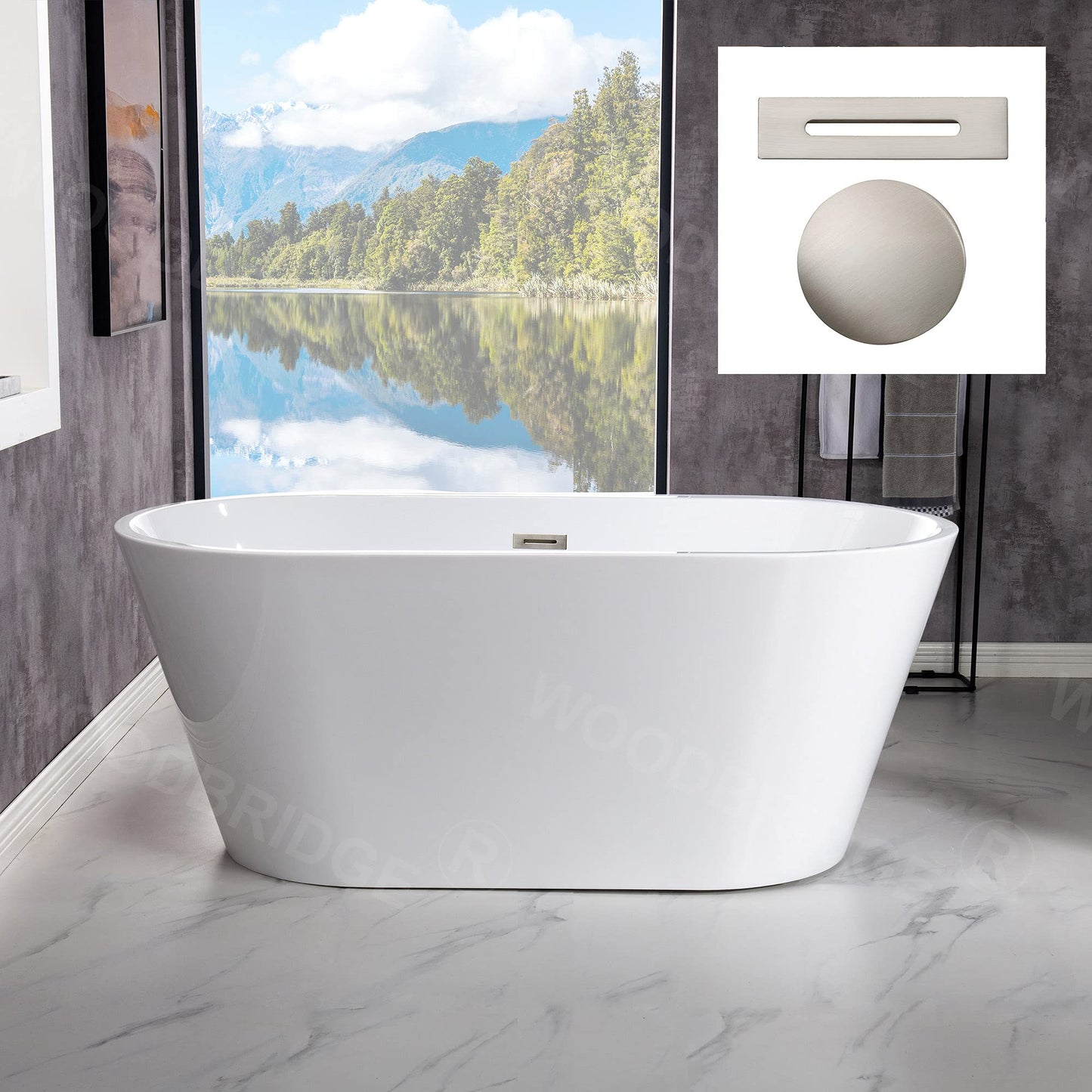 WOODBRIDGE 54" Acrylic Freestanding Bathtub Contemporary Soaking White Tub with Brushed Nickel Overflow and Drain，BTA1702-B/N