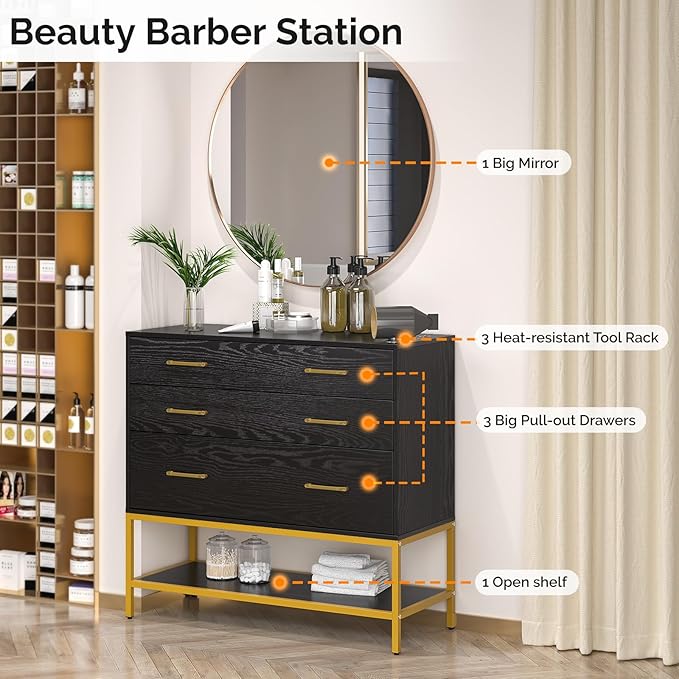 OmySalon Salon Stations for Hair Stylist, Barber Station with Mirror, 3 Drawers, Shelf & Tool Holders, Hair Storage Cabinet Organizer Table for Beauty Spa, Bedroom, Black