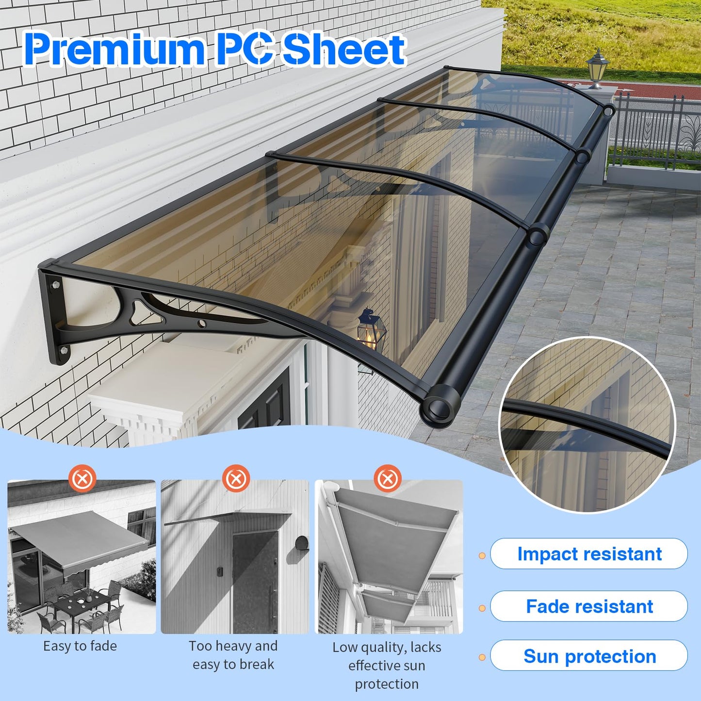 Door Awning Window Canopy Exterior,40x80 Inches Awnings for Doors Polycarbonate Cover Patio Door Awning UV Rain Snow Sunlight Protection Solid Sheet Aluminum Bracket with Sink