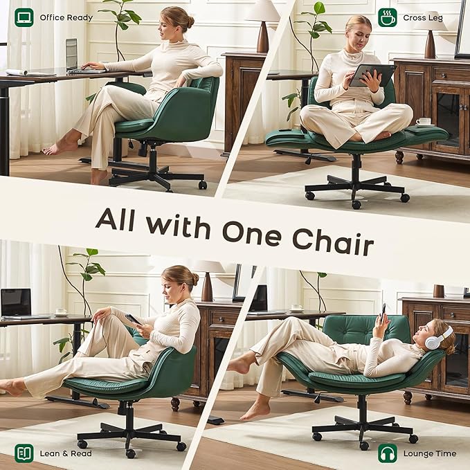 Criss Cross Chair with Armrests & Wheels, Adjustable Swivel Comfortable Lounge Vanity Chairs, Home Office Desk Chair, Medieval Style, (Christmas Green)