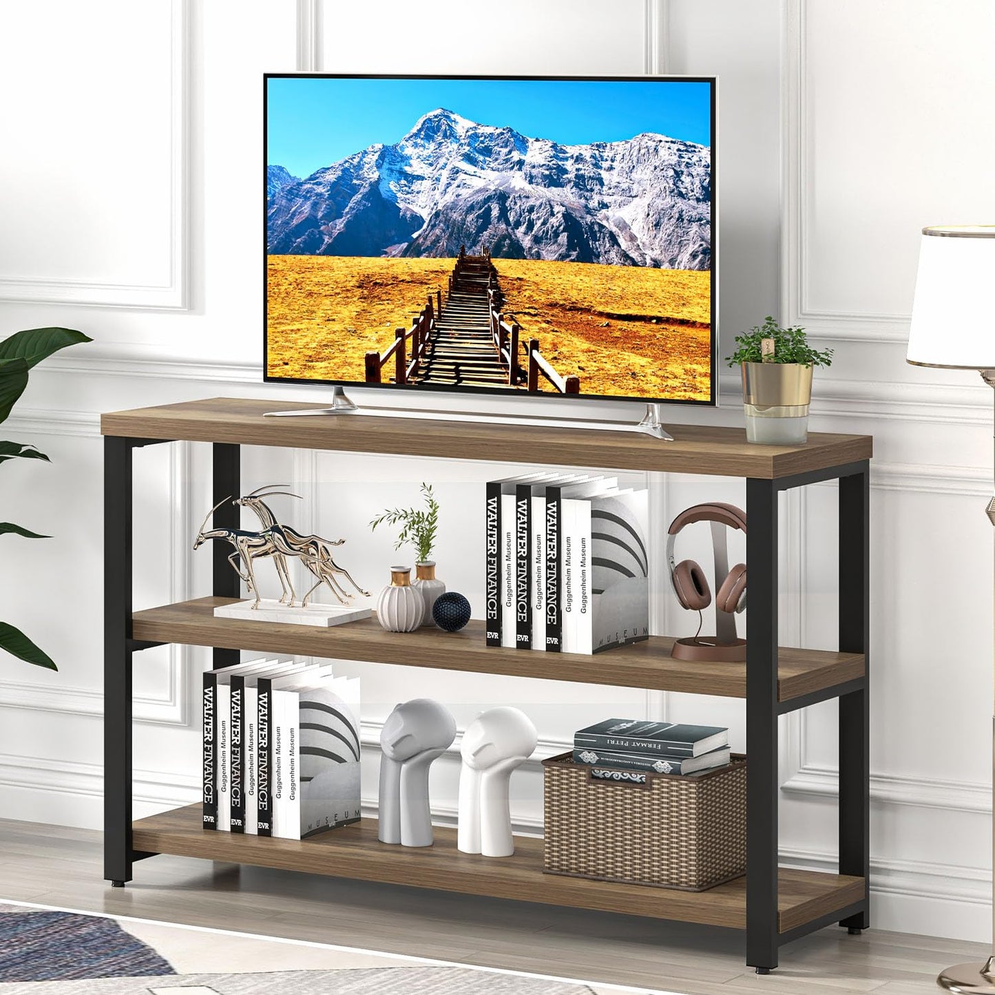 EXCEFUR 47 Inch Rustic Oak Wood Entryway Table, Modern Sofa Table Behind Couch for Living Room, Console Table with 3 Tier Shelves, Foyer Hallway Table with Storage