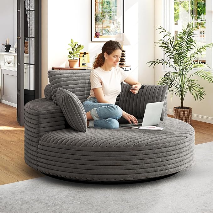 Antetek 360-Degree Oversized Swivel Chair, Modern Round Circle Corduroy Comfy Deep Seat Swivel Accent Chaise Lounge Sofa Chair with Back Cushion & 2 Throw Pillows for Living Room Bedroom Office, Grey