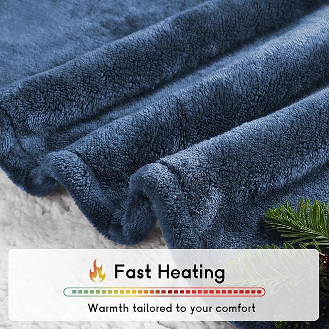 Heated Blanket Electric Throw Size 50''x60'' with 5 Heating Levels, 3 Hour Auto Shut Off, Machine Washable, Flannel & Sherpa Double-Sided Soft Warming Blanket for Couch, Bed, Office - Navy Blue