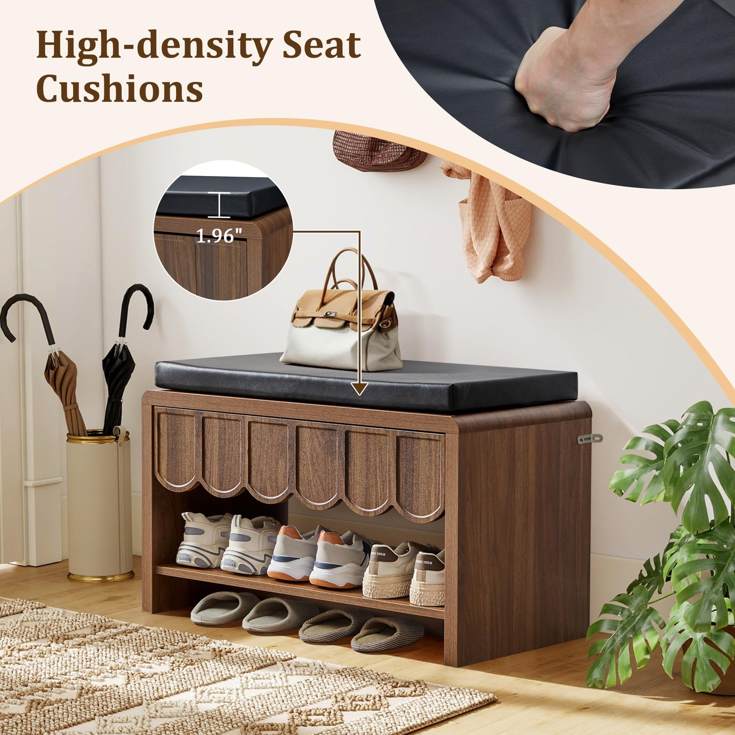 Shoe Storage Bench with Cushion, Shoe Rack Organizer Cabinet Bench with Wave Panel Drawer and Open Shelf for Entryway, Hallway, Living Room (Walnut)