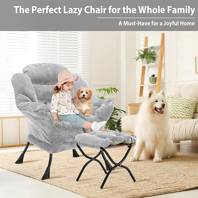 Youtanic Lazy Chair with Folding Ottoman, Accent Chair Plush Upholstered with Metal Structure and Non-Slip Pads, Sofa Armchair with Footrest and Side Storage Bag for Dorm, Room, Office, Light Gray