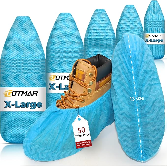X-Large 50 Pack Breathable Shoe Covers Disposable for Indoors - Reusable Non-Slip Blue Booties, Fits Up to Men’s Size 13, Ideal for Home, Office & Travel, Doubles as Travel Shoe Bags