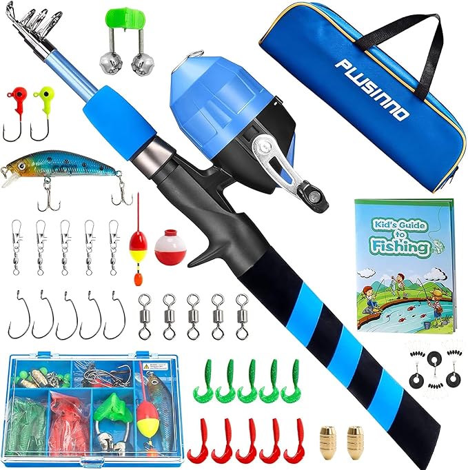 PLUSINNO Kids Fishing Pole, Portable Telescopic Fishing Rod and Reel Combo Kit - with Spincast Fishing Reel Tackle Box for...