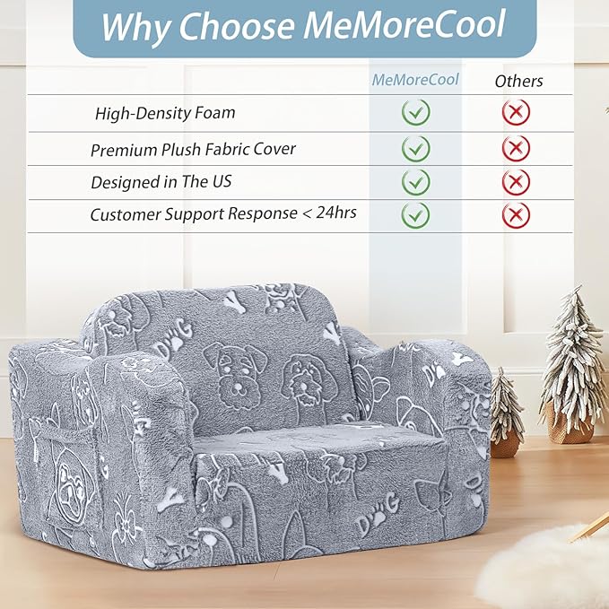 MeMoreCool Glow-in-The-Dark Toddler Sofa Bed – 2-in-1 Convertible Chair & Nap Lounger, Dog Print, Lightweight, Washable for Kids Room | Plush Foam Comfort | Portable Playroom Couch