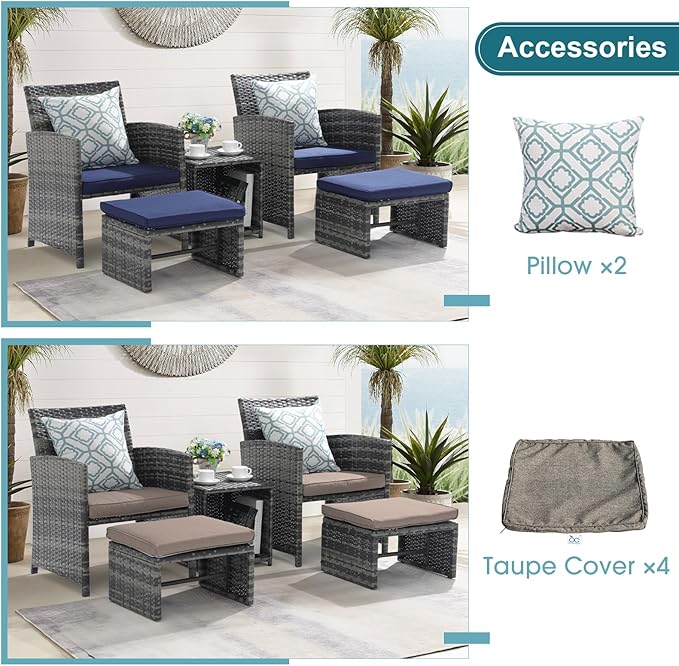 OC Orange-Casual 5 Piece Patio Furniture Set, Wicker Outdoor Conversation Chair and Ottoman Set with Coffee Table, Pillows Included, for Balcony, Porch, Deck, Navy Blue