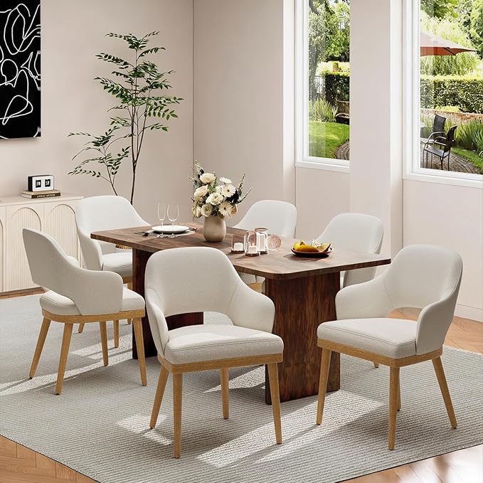 MALOL Wooden Dining Chairs Set of 6, Modern Fabric Upholstered Dining Room Chair, Kitchen Side Chairs, Farmhouse Dinner Chair with Open Back for Kitchen, Beige