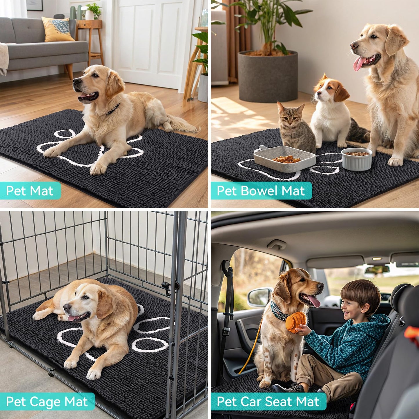 Smiry Dog Door Mat for Muddy Paws, Absorbent Dirt Trapper Non Slip Quick Dry Washable Chenille Mat for Mud Dogs, Entry Rug for Indoor and Outdoor (30x20 Inches, Black)