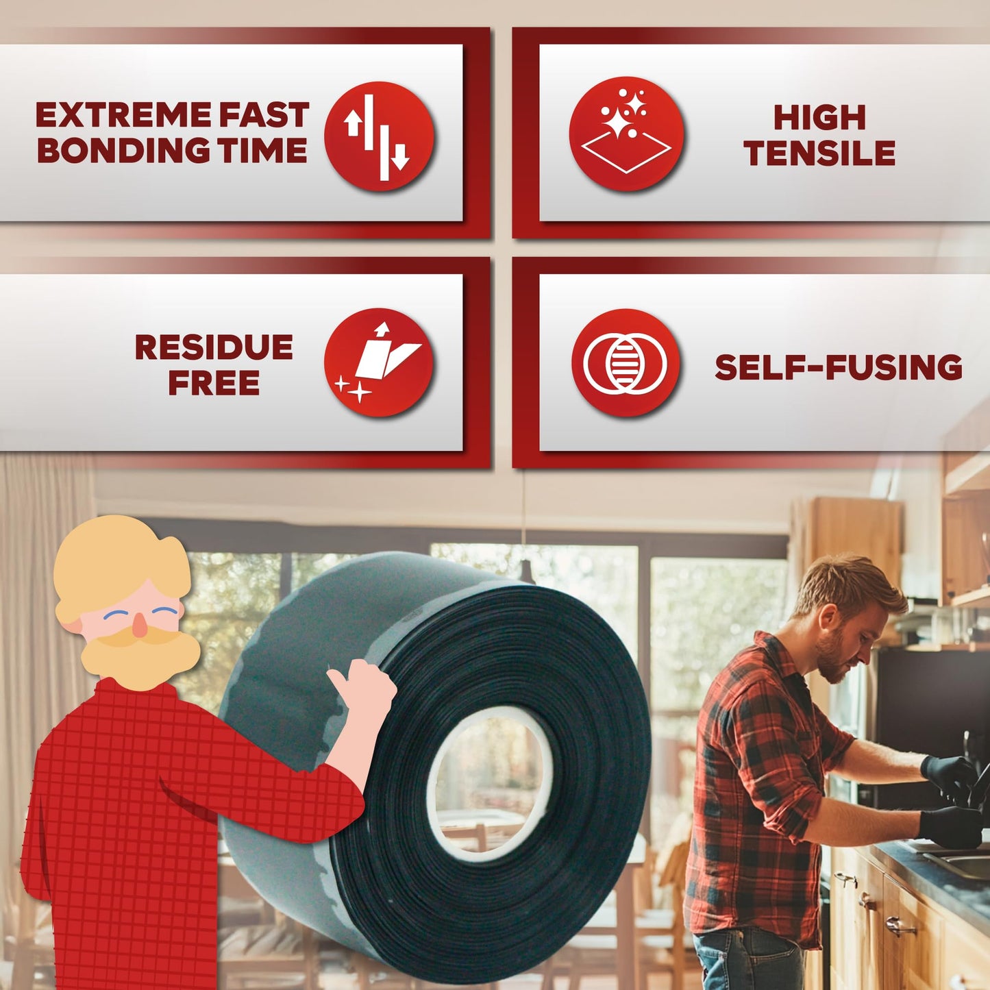 XFasten Self Fusing Silicone Tape Waterproof – 1" x 36 Feet Black, Self Amalgamating Tape, Silicone Rubber for Plumbing, Sealing Pipes, Hose Repair, Outdoor Coax and Electrical Cables – Weatherproof