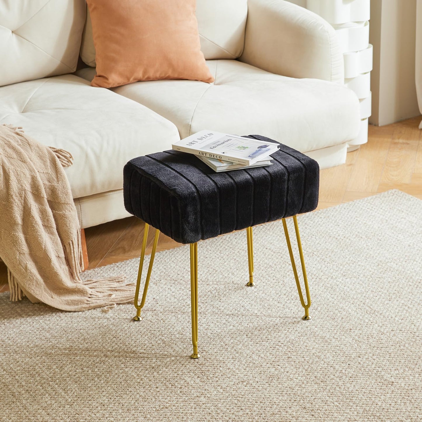 IBUYKE Velvet Rectangular Footrest Ottoman, Makeup Vanity Stool Side Table, Dressing Table Seat, Pouf Couch Stool, Golden Steel Legs, Black LG-51B