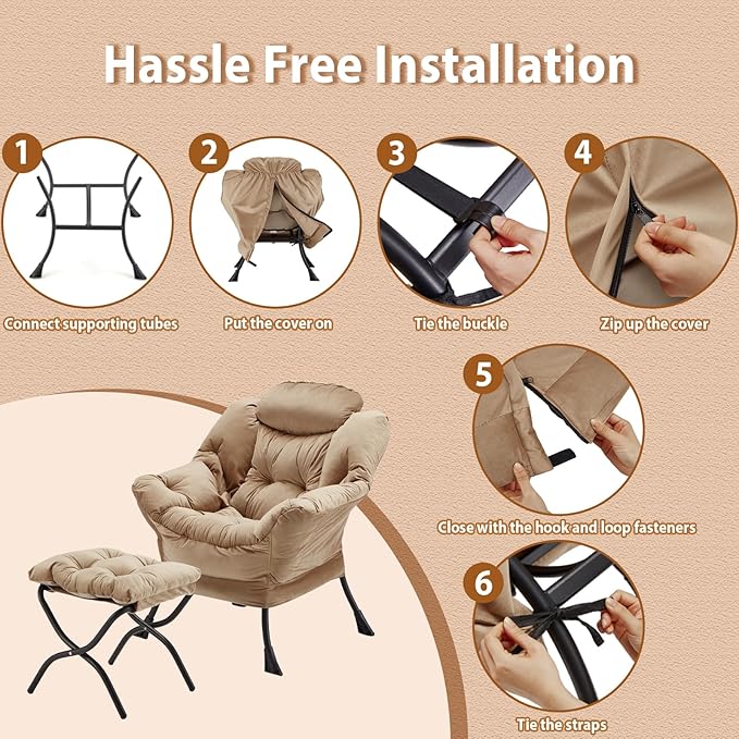 Youtanic Lazy Chair with Folding Ottoman, Accent Chair Velvet Upholstered with Metal Structure and Non-Slip Pads, Sofa Armchair with Footrest and Side Storage Bag for Dorm, Room, Office, Khaki