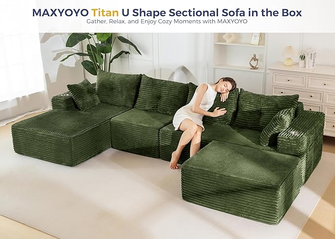 MAXYOYO 132" Giant U-Shaped Modular Sectional Couch, Modern Boneless Couch for Living Room, Sofa in A Box, Oversized Sofa Sleeper with Deep Seat, No Assembly Required, Green