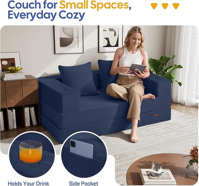 COMAX Futon Sofa Bed, 4‑in‑1 Convertible Sofa Bed, Folding Boneless Couches for Living Room, Fold Out Small Foldable Loveseat Floor Sleeper Comfy Mattress Lounge Space‑Saving, Navy Blue