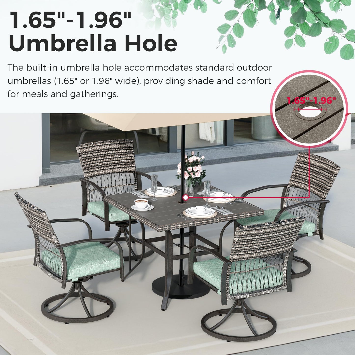 Pamapic 5-Piece Outdoor Dining Set with Swivel Chairs, Rattan Patio Furniture for Backyard, Deck, Garden, Weather-Resistant Iron Slats Table & 4 Chairs with Removable Cushions (Green)