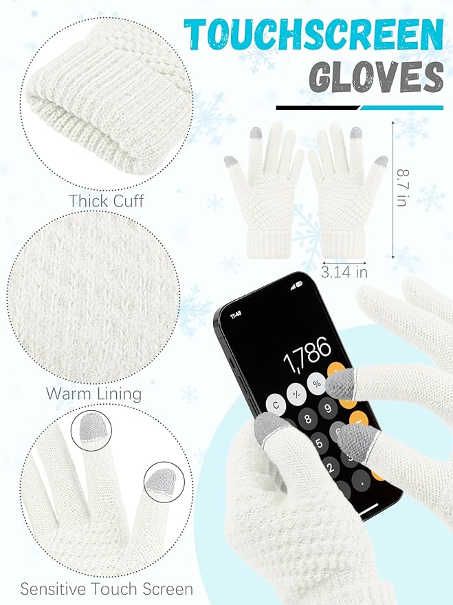 Winter Hat Scarf Gloves and Ear Warmer, Warm Knit Beanie Hat Touch Screen Gloves Set Winter Gifts Neck Scarves for Women