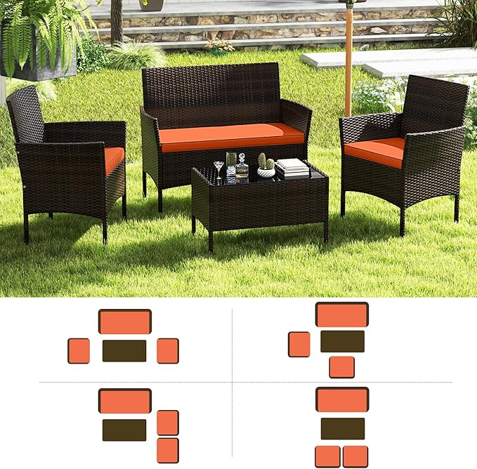 RELAX4LIFE 4-Piece Patio Furniture Set - Rattan Outdoor Conversation Bistro Set w/Cushions, Glass Coffee Table, Wicker Chairs & Loveseat for Garden Backyard Porch, Balcony Furniture Set (1, Orange)
