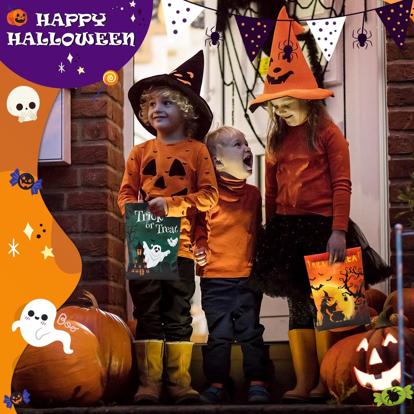 Nezyo 120 Pcs Halloween Treat Bags Halloween Paper Gift Bags Ghost Pumpkin Spider Candy Goody Pouches for Scary Holiday Party Chocolate Cookies Goodies Wrapping Supplies Decoration