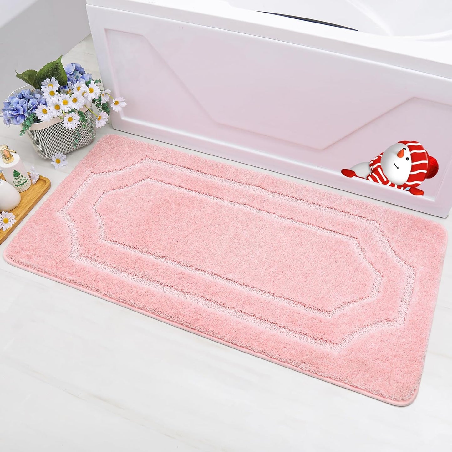 BEQHAUSE Bath-Rugs Non-Slip Bath Mat Soft Absorbent Polyester Microfiber Pink Shaggy Shower Mat for Bath/Shower/Sink 24" x 48"
