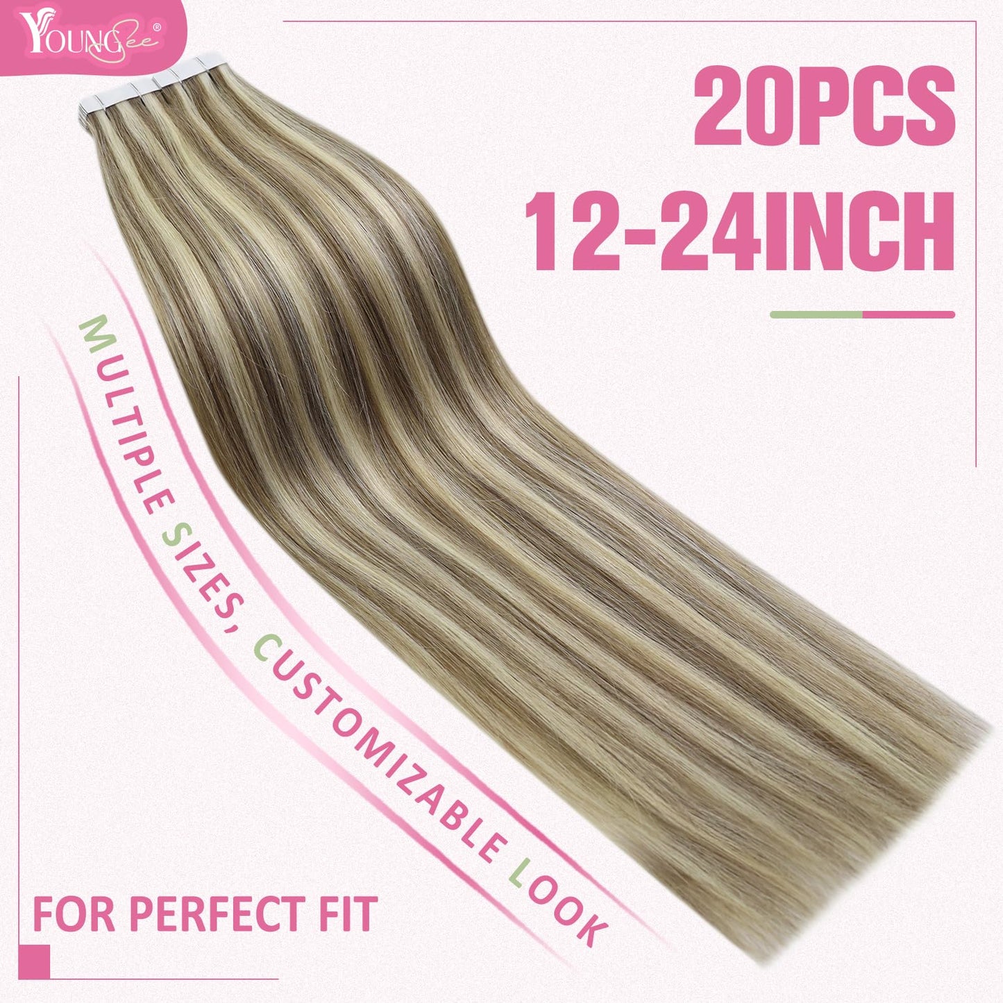 YoungSee Tape in Hair Extensions Human Hair Brown Highlight Tape ins Human Hair Extensions Highlight Light Brown with Blonde Sea