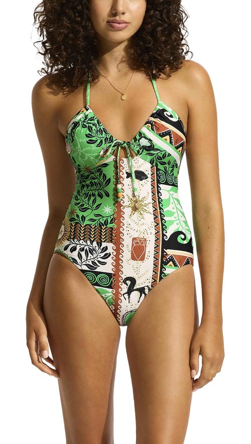 Seafolly Women's Standard Bandeau Halter One Piece Swimsuit, Atlantis Ecru