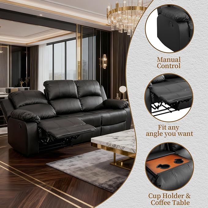 Saxum Tegmen Living Room Furniture Sets, 3 Pieces Sectional Leather Couch Set, Adjustable Recliner Sofa Sets for Living Room/Office (Chair, Loveseat & Sofa, Black)