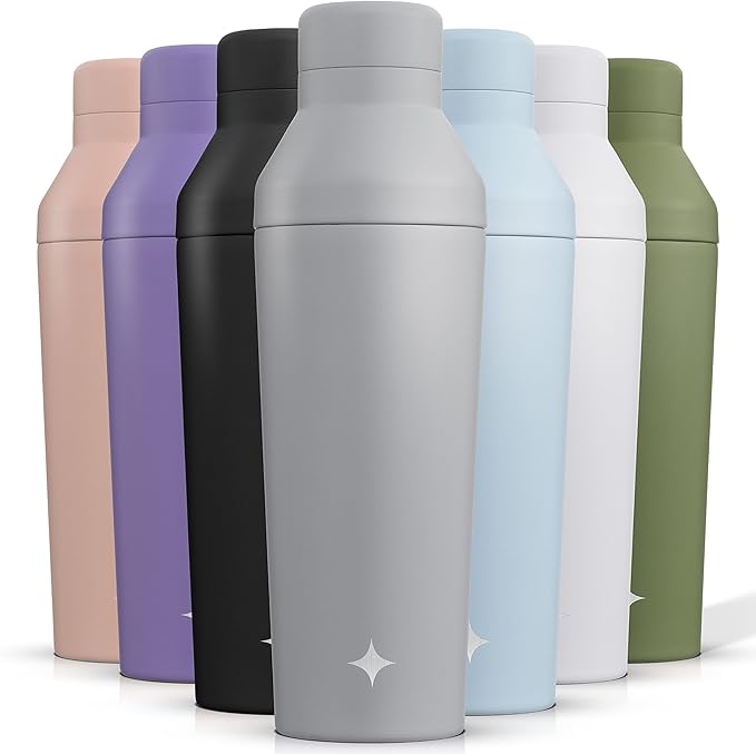 JoyJolt Triple Insulated Cocktail/Protein Shaker Bottle. 20oz Shaker Cup with Alcohol Measure Lid and Jigger Cap. 12hr Ice...