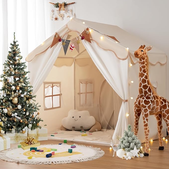 Besrey Kids Play Tent 2 in 1 with Padded Mat and Lights, Large Kids Playhouse with 2 Doors & 4 Windows, Indoor & Outdoor, ...