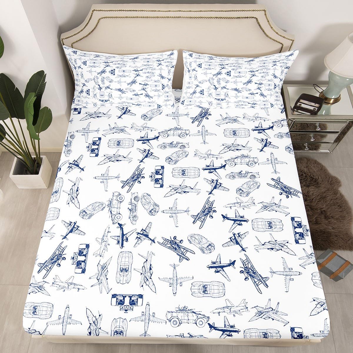 Aircraft Bed Sheet Set Kids Airplane Print Fitted Sheet Boys Girls Decor Aircraft Flying Bedding Set Microfiber Sketch Style Blue White Bedspread Cover Bedroom Full Size