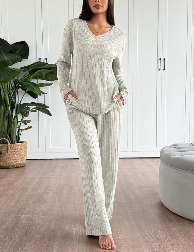 Ekouaer Lounge Sets for Women Long Sleeve Knit Ribbed Pajama Sets 2 Piece Casual Loungewear with Pockets
