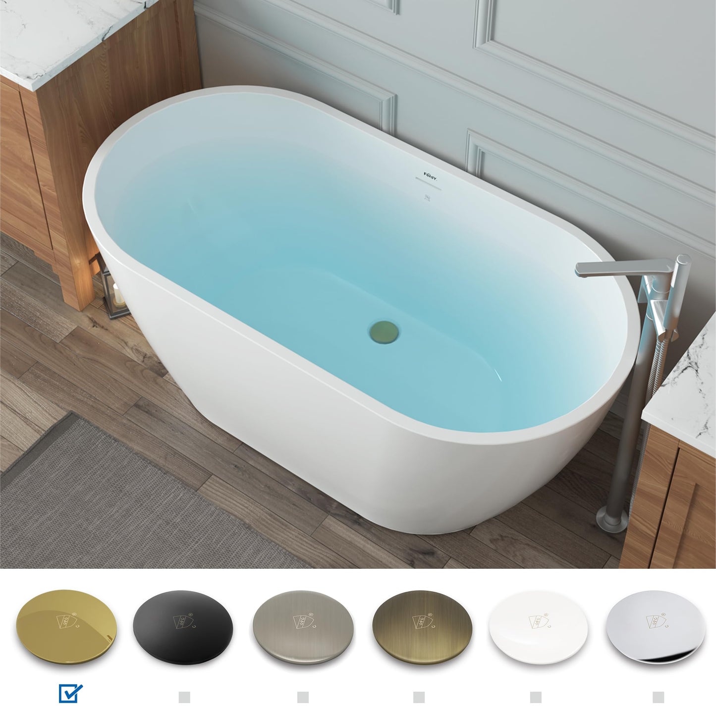 FerdY Bali 55" Freestanding Bathtub, Glossy White Freestanding soaking tub with Polished Gold Drain & Integrated Slotted Overflow, cUPC Certified…