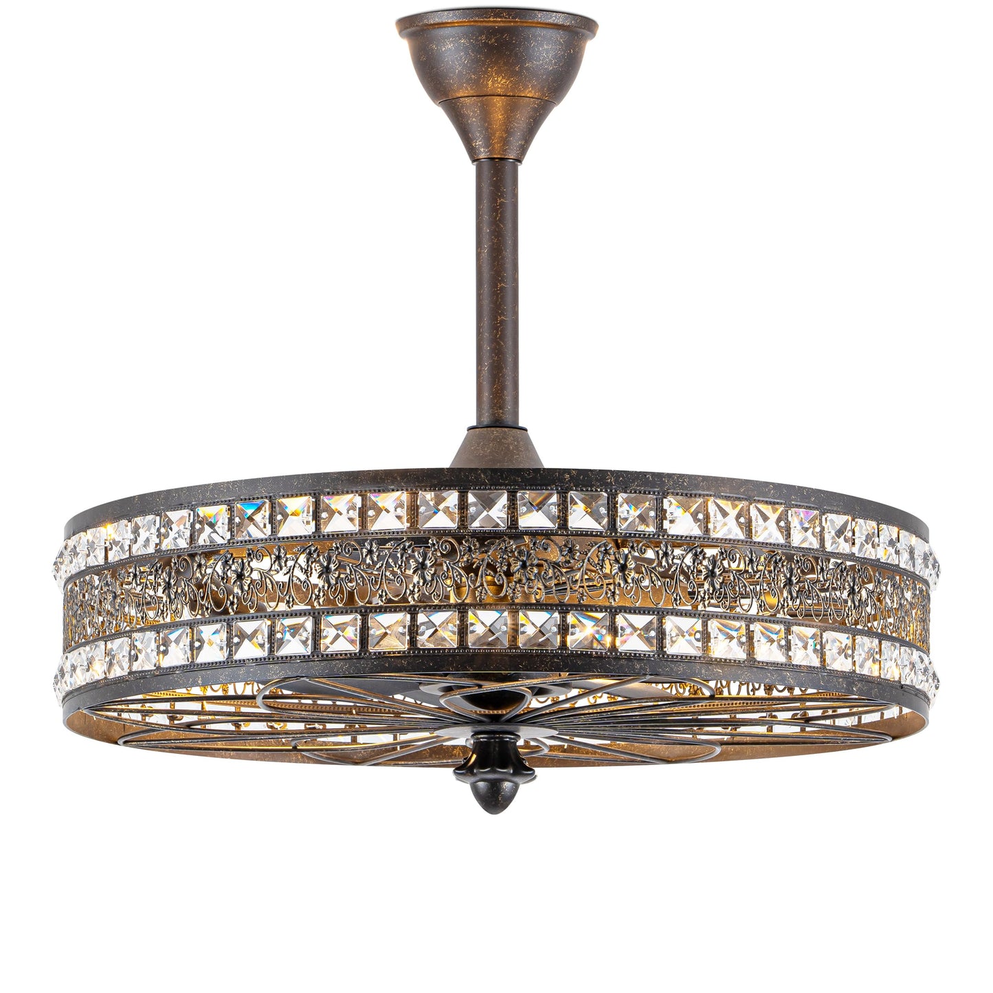 Chandelier Ceiling Fan with Light, Vintage Crystal Victorian Art Deco Elegant Fandelier, Caged Bladeless Enclosed Drum Pendant Light Fixture for Dining Room, Bedroom, Kitchen Island, Entryway
